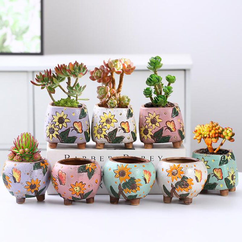 Echeveria Succulent - 韓国スタイルひまわり柄多肉植物ポット通気性花瓶穴付きかわいい植木鉢デスクトップ装飾品家の装飾